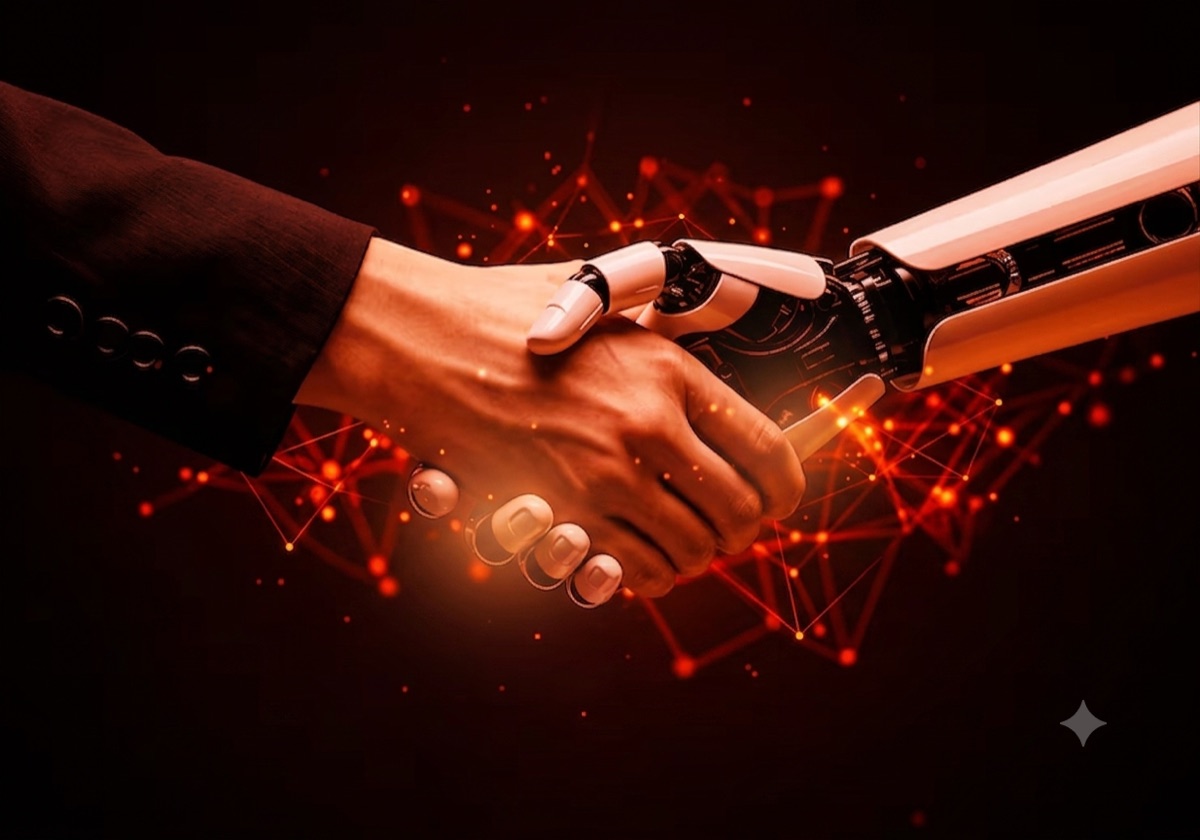人とAIロボットの握手イメージ